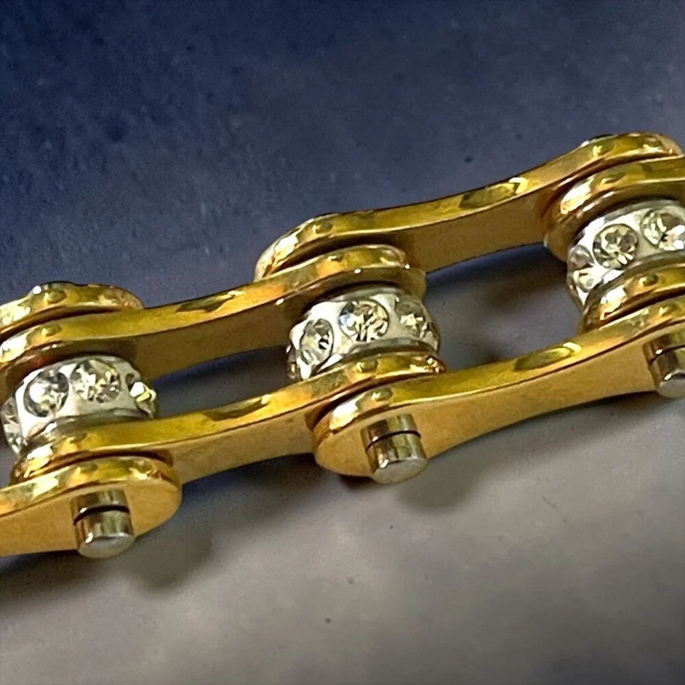 Stainless Steel Motorcycle Chain Bracelet Two Tone Gold Silver CZ Biker Link
